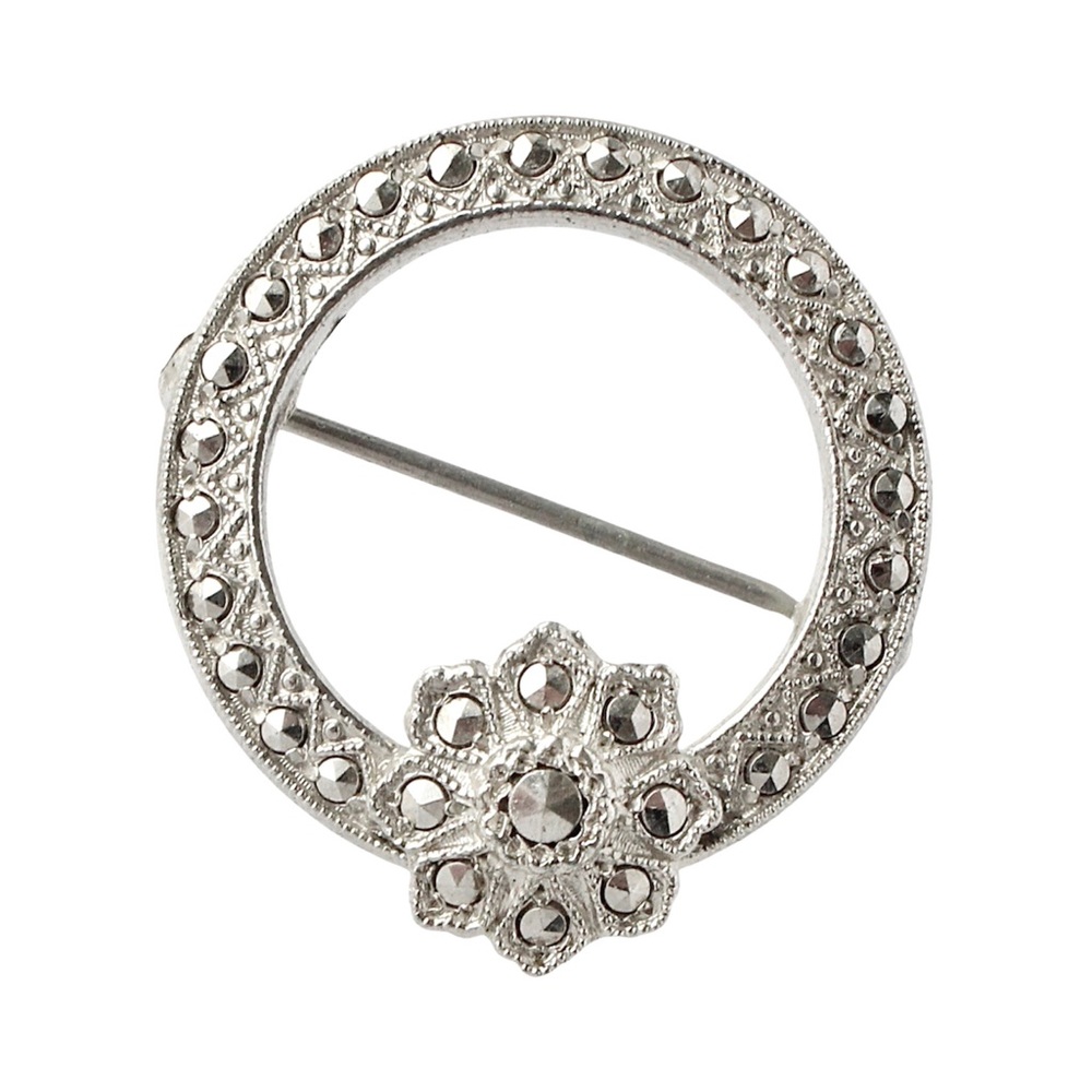 Vintage Sterling Silver Circle Flower Brooch Pin Rhodium Plated Marcasite Style